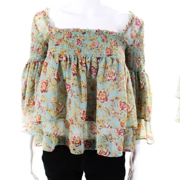 Free People Tops - Free People Bell Flutter Sleeve Flowy Floral Sheer Babydoll Blouse Smocked Boho